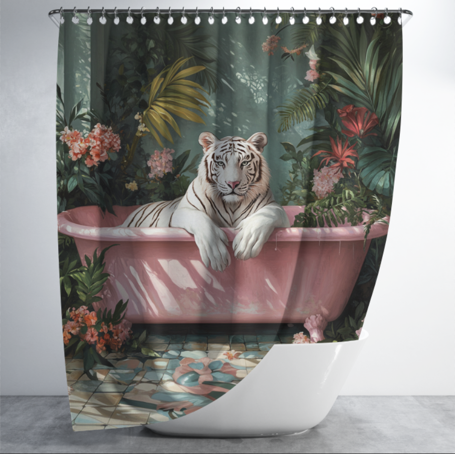 Штора в душ Білий тигр у рожевій ванні з тропічними рослинами для ванної 150х200 см