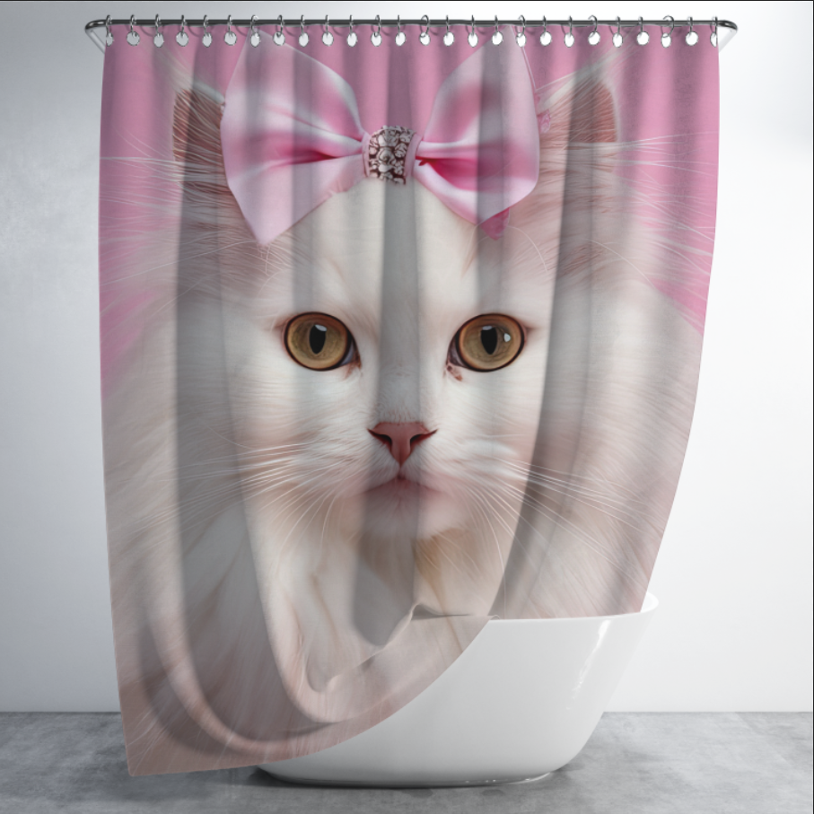 Штора в душ Біла кішка з метеликом для ванної 150х200 см