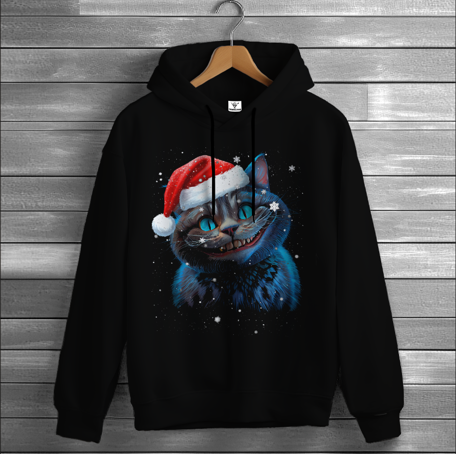 Толстовка худі Новорічна різдвяна з Чеширським котом у шапці Санти оверсайз унісекс худі ВСІ розміри Преміум тканина