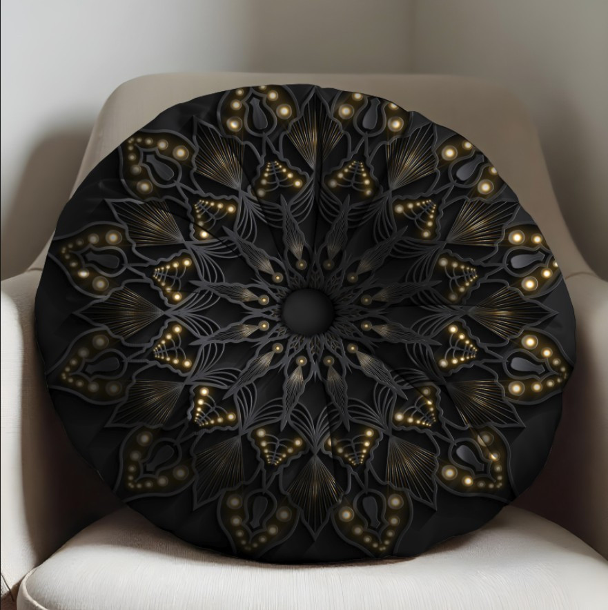 Подушка пуф "З чорно золотим візерунком у стилі мандали 1" кругла