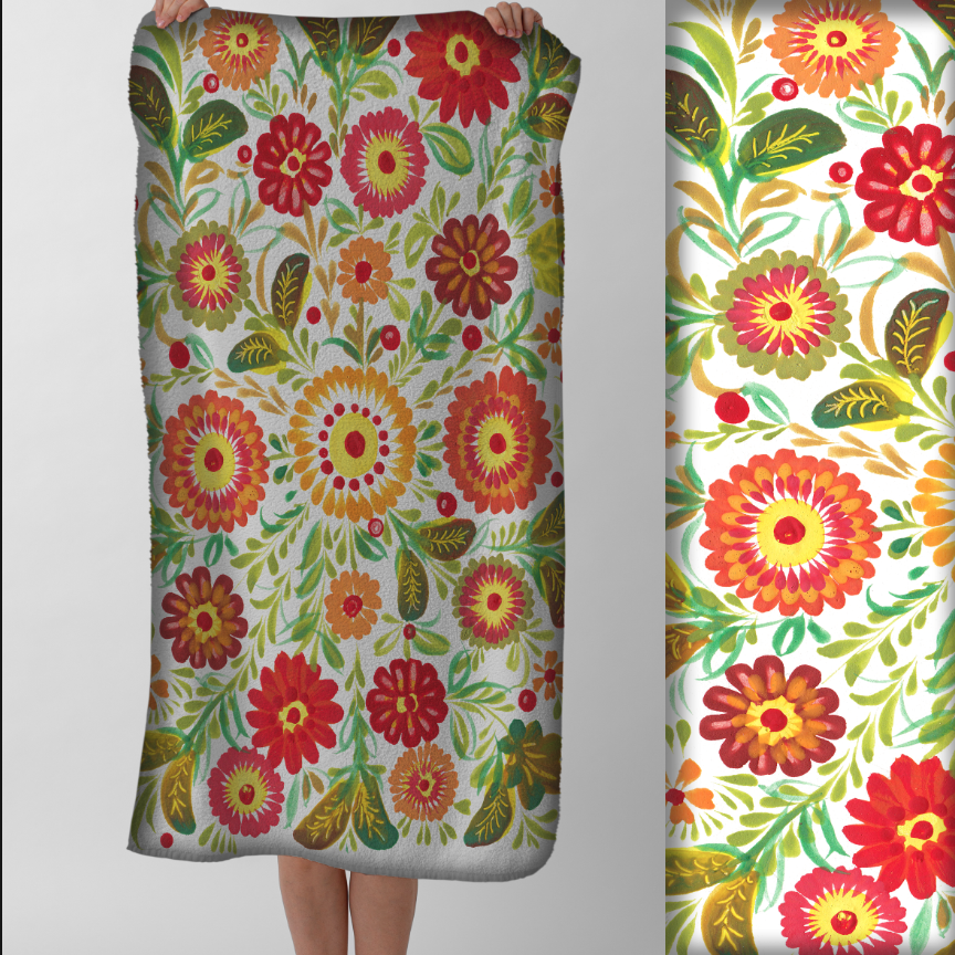 Рушник Яскраві квіткові візерунки орнаменти петриківський розпис червоно зелені 55 пляжний з принтом ВСІ розміри