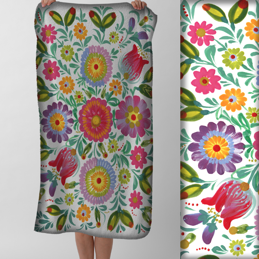 Рушник Яскраві квіткові візерунки орнаменти петриківський розпис червоно зелені 4 пляжний з принтом ВСІ розміри