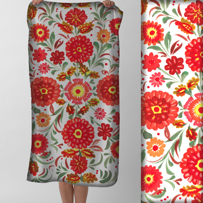 Рушник Яскраві квіткові візерунки орнаменти петриківський розпис червоно зелені 3 пляжний з принтом ВСІ розміри