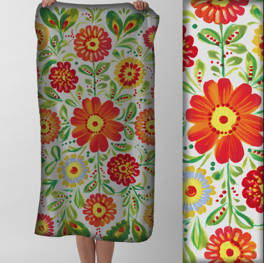 Рушник Яскраві квіткові візерунки орнаменти петриківський розпис червоно зелені 2 пляжний з принтом ВСІ розміри