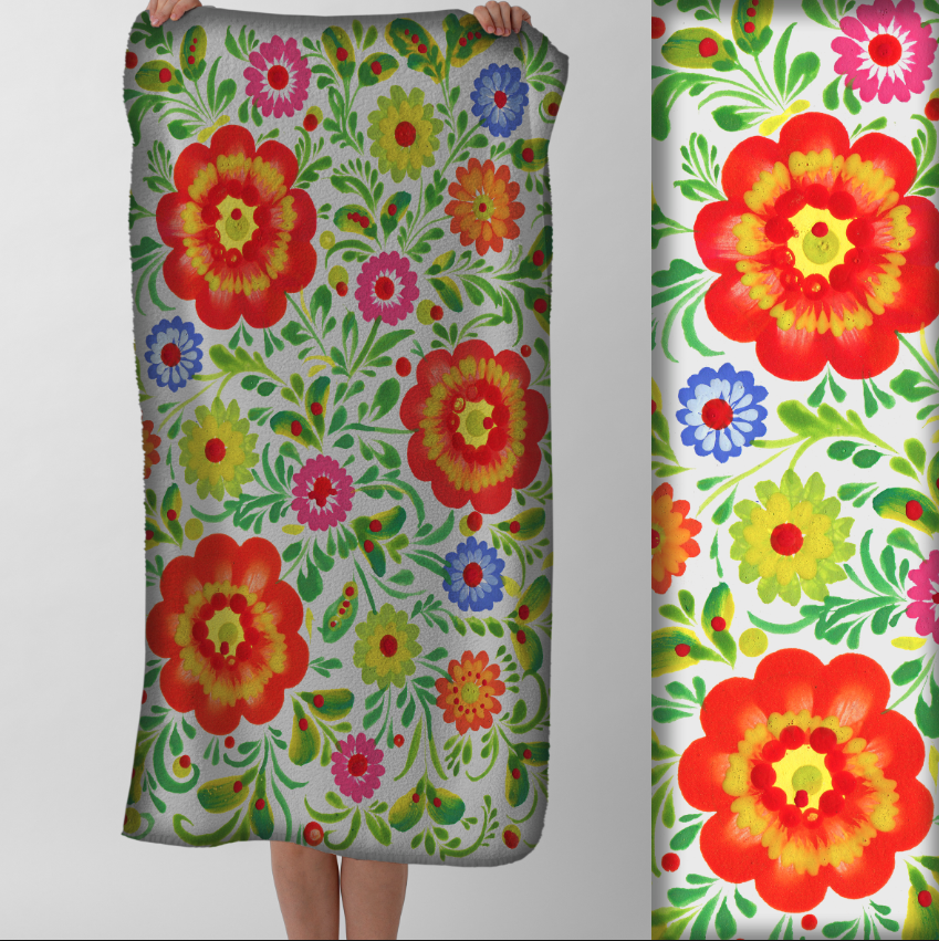 Рушник Яскраві квіткові візерунки орнаменти петриківський розпис червоно зелені 1 пляжний з принтом ВСІ розміри