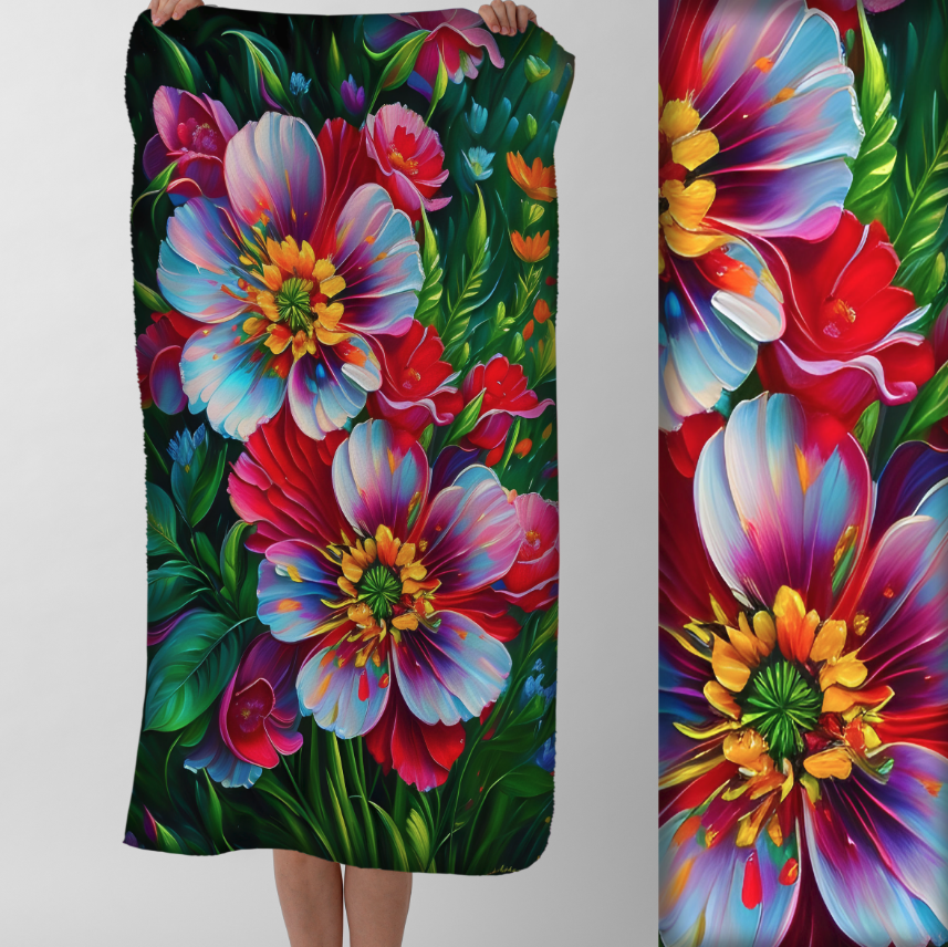 Рушник Яскраві квіти у синьому червоному кольорах пляжний з принтом ВСІ розміри