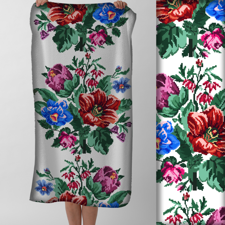 Рушник Яскравий квітковий візерунок текстура вишивки хрестиком троянди маки анютині вічка 7 пляжний з принтом ВСІ розміри