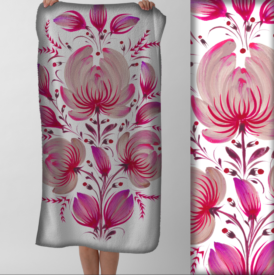 Рушник Яскравий квітковий візерунок петриківський розпис рожево білі кольори пляжний з принтом ВСІ розміри