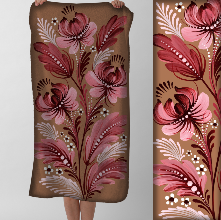 Рушник Яскравий квітковий візерунок петриківський розпис рожеві кремові кольори пляжний з принтом ВСІ розміри