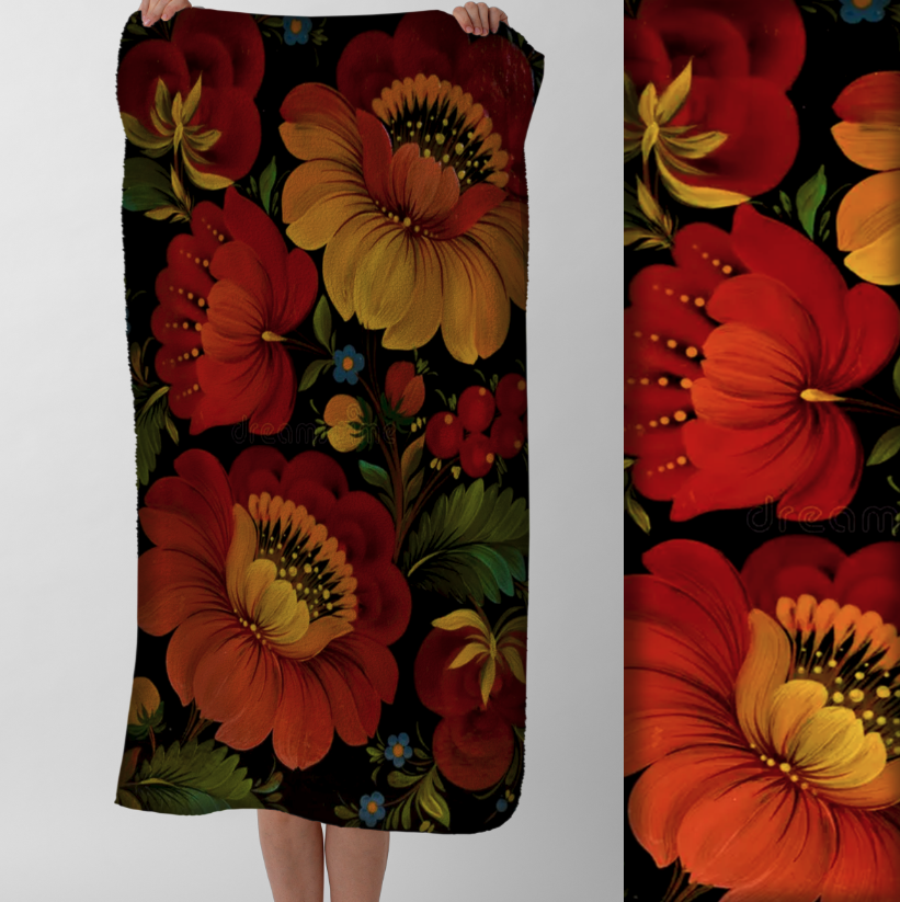 Рушник Яскравий квітковий візерунок петриківський розпис багатобарвні квіти та листя текстура живопису 89 пляжний з принтом ВСІ