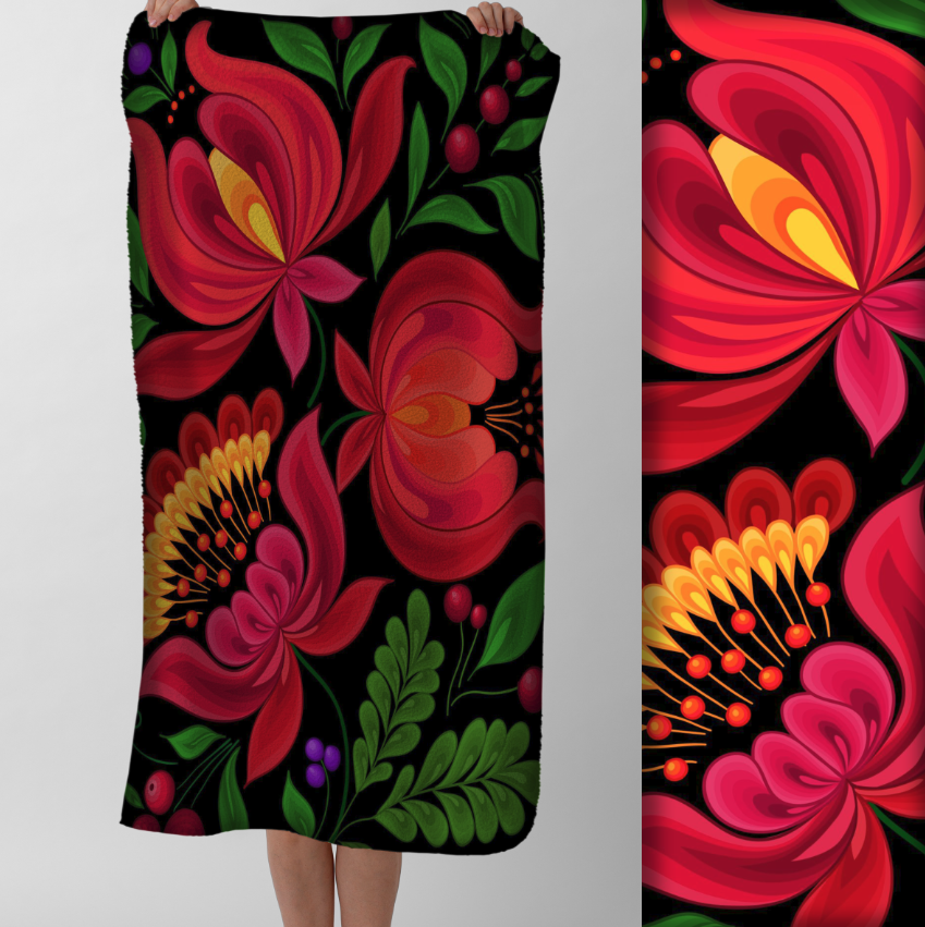 Рушник Яскравий квітковий візерунок петриківський розпис багатобарвні квіти та листя текстура живопису 79 пляжний з принтом ВСІ