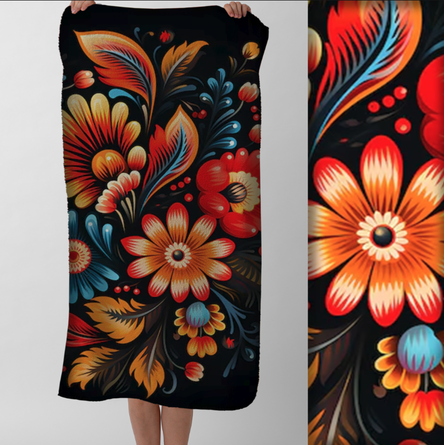 Рушник Яскравий квітковий візерунок петриківський розпис багатобарвні квіти та листя текстура живопису 75 пляжний з принтом ВСІ