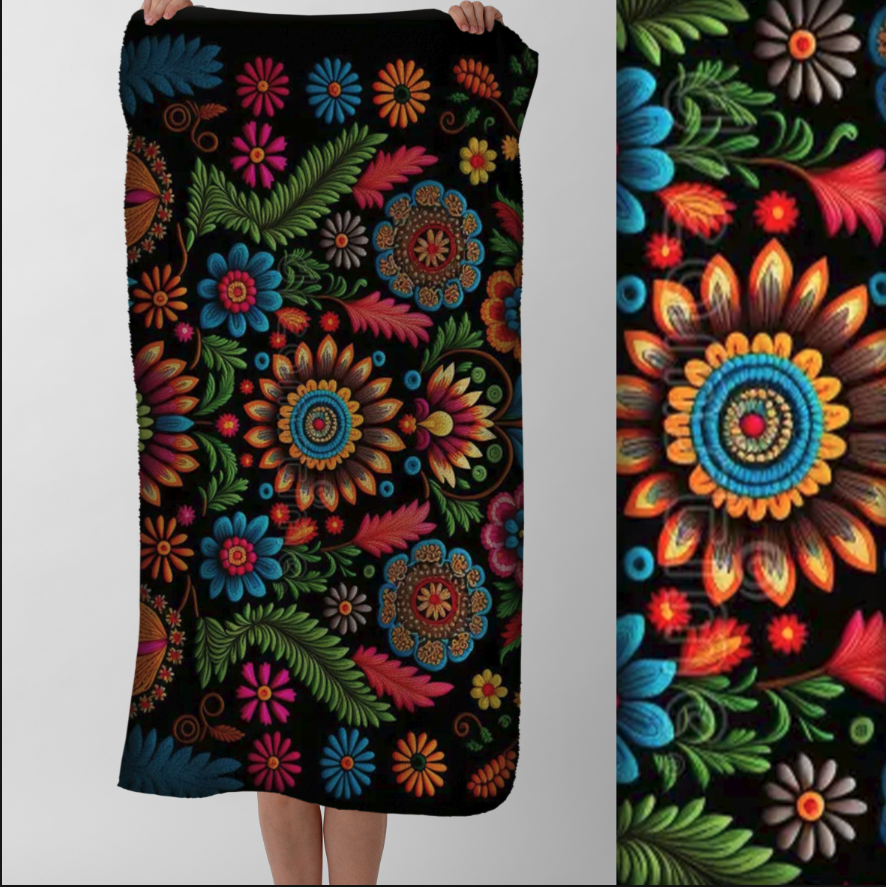 Рушник Яскравий квітковий візерунок петриківський розпис багатобарвні квіти та листя текстура живопису 63 пляжний з принтом ВСІ