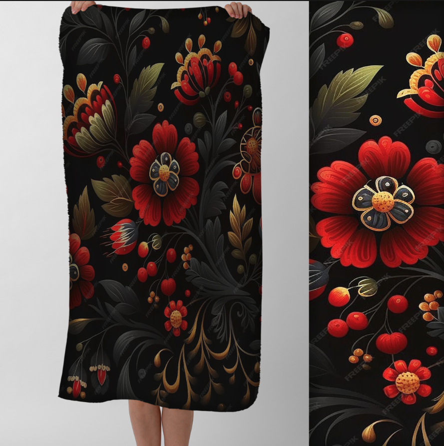 Рушник Яскравий квітковий візерунок петриківський розпис багатобарвні квіти та листя текстура живопису 5 пляжний з принтом ВСІ