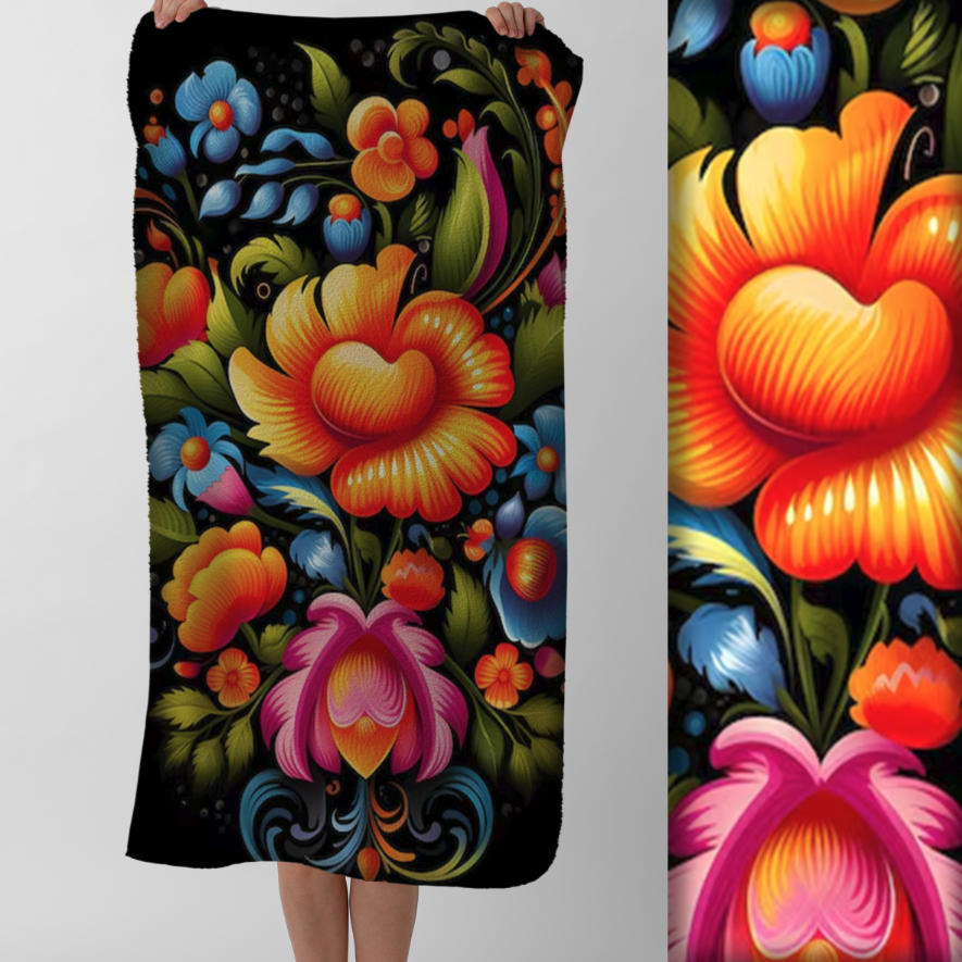 Рушник Яскравий квітковий візерунок петриківський розпис багатобарвні квіти та листя текстура живопису 11 пляжний з принтом ВСІ