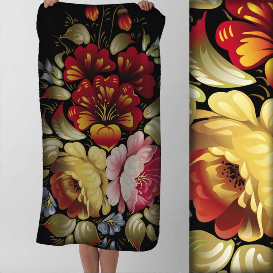 Рушник Яскравий квітковий візерунок петриківський розпис 79 пляжний з принтом ВСІ розміри