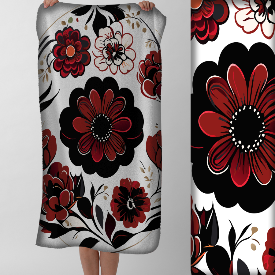 Рушник Яскравий квітковий візерунок біло червоно чорні квіти пляжний з принтом ВСІ розміри