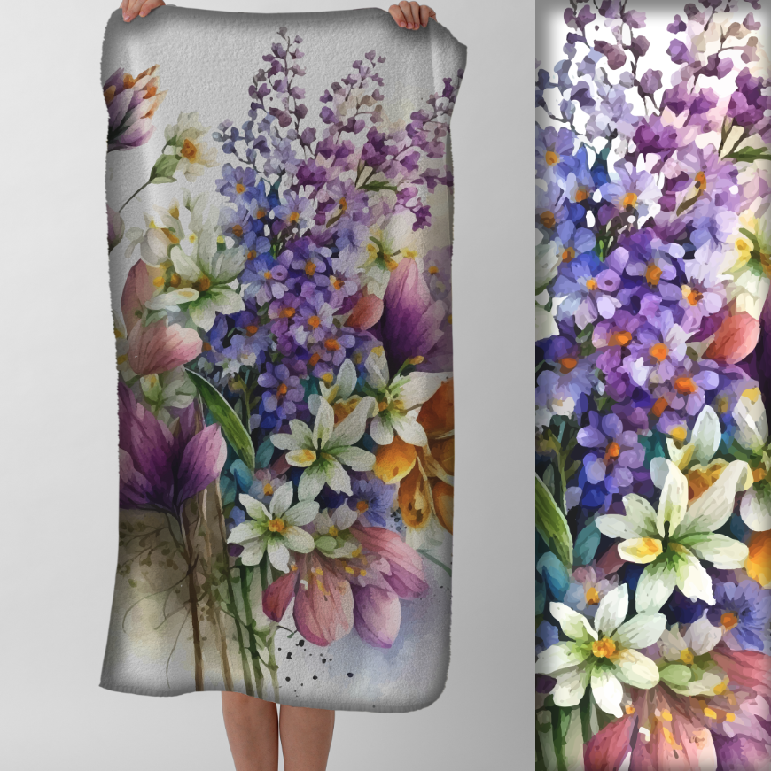 Рушник Акварельні квіти букет бузку та польових квітів пляжний з принтом ВСІ розміри