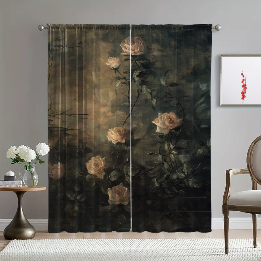 Гардина тюль Троянди білі квіти зелені листя каскад принт ВСІ розміри