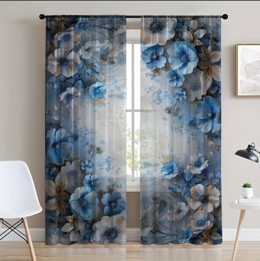 Гардина тюль Ніжні квіти сині 77 принт ВСІ розміри