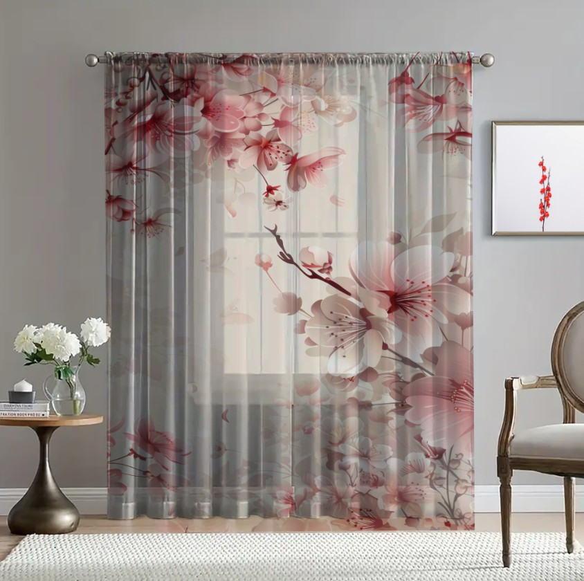 Гардина тюль Ніжні квіти сакура принт ВСІ розміри