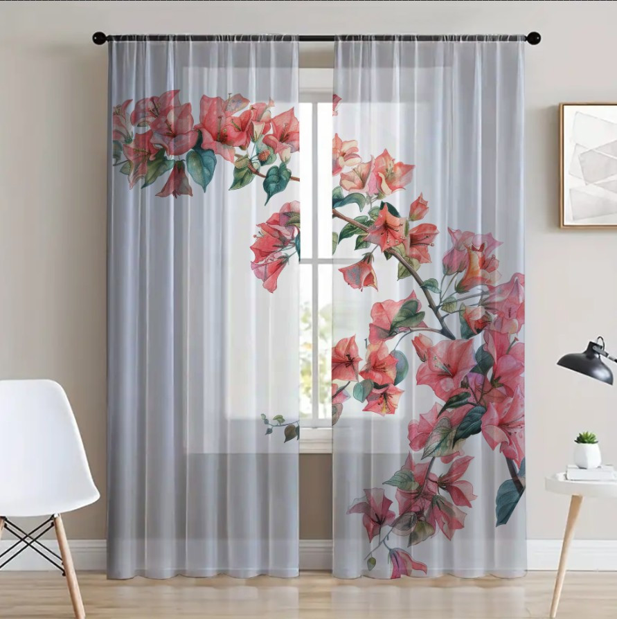 Гардина тюль Ніжні квіти польові каскад червоні 14 принт ВСІ розміри