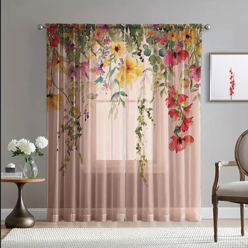 Гардина тюль Ніжні квіти польові каскад рожева 86 принт ВСІ розміри