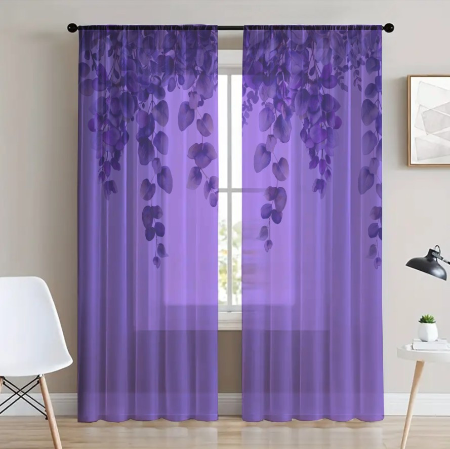 Гардина тюль Ніжні квіти зелені листя каскад фіолетова 7 принт ВСІ розміри