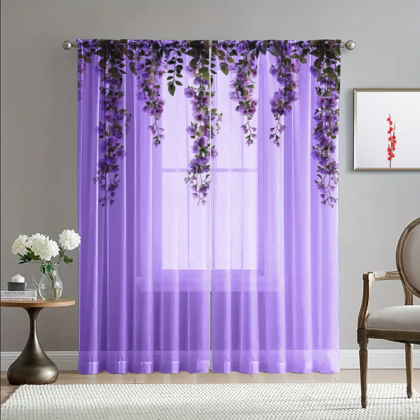 Гардина тюль Ніжні квіти зелені листя каскад фіолетова 5 принт ВСІ розміри