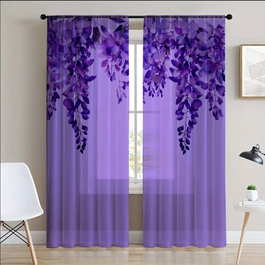 Гардина тюль Ніжні квіти зелені листя каскад фіолетова 3 принт ВСІ розміри