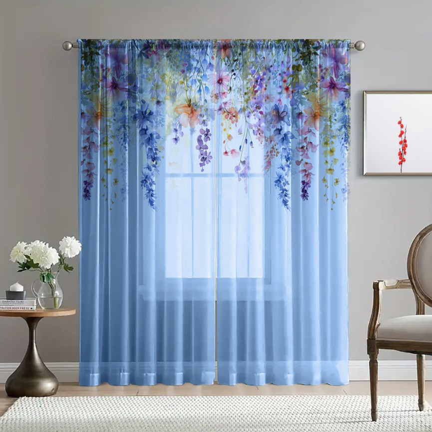 Гардина тюль Ніжні квіти зелені листя каскад блакитна принт ВСІ розміри
