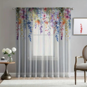 Гардина тюль Ніжні квіти зелені листя каскад біла принт ВСІ розміри