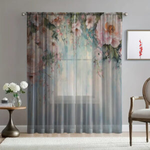 Гардина тюль Ніжні квіти зелені листя каскад акварель 01 принт ВСІ розміри