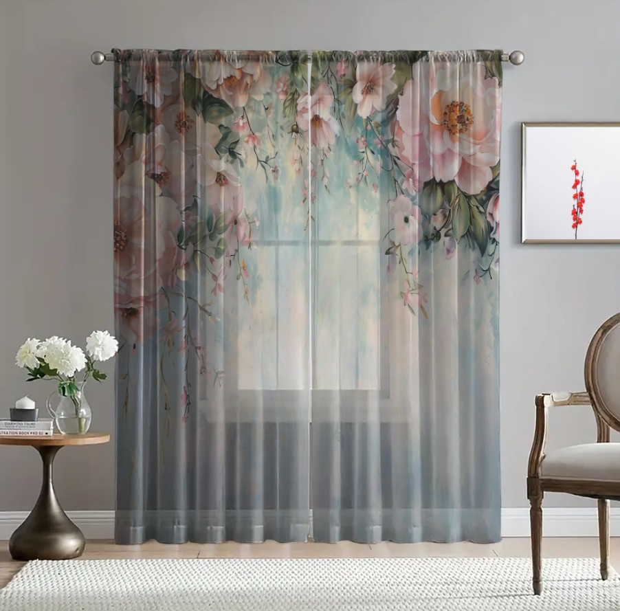 Гардина тюль Ніжні квіти зелені листя каскад акварель 01 принт ВСІ розміри