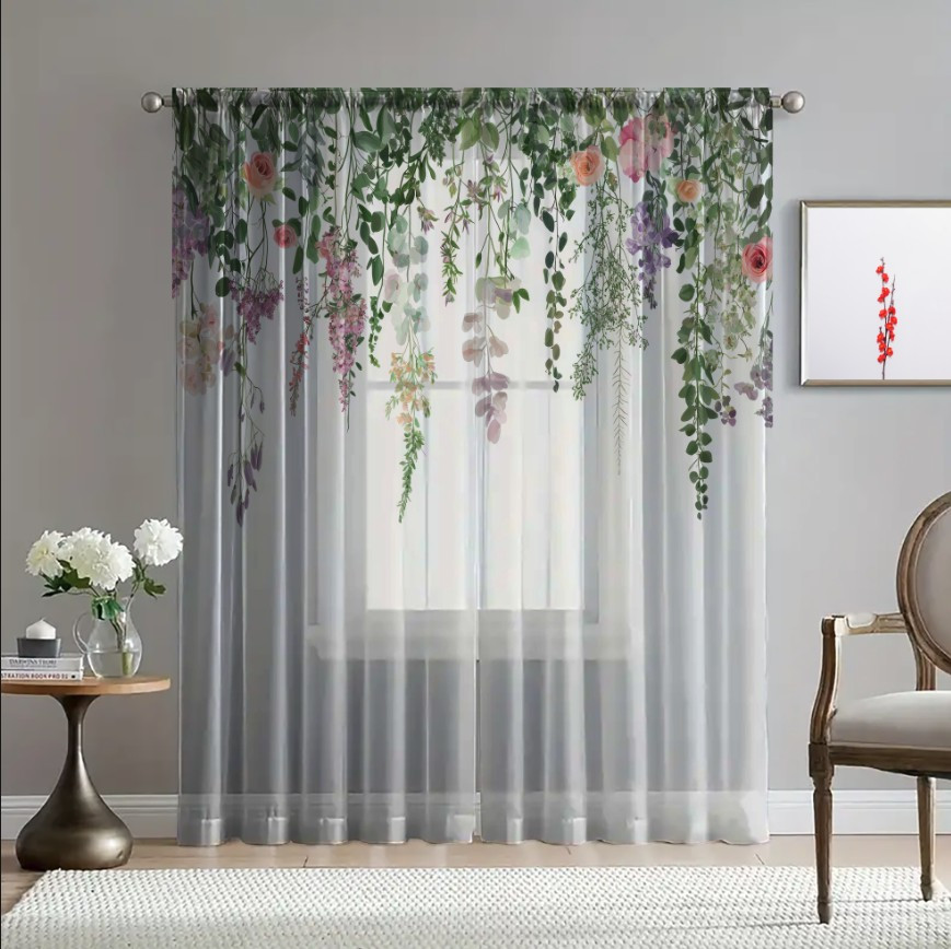 Гардина тюль Ніжні квіти зелені листя каскад 984 принт ВСІ розміри