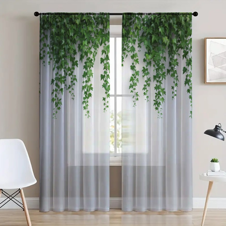 Гардина тюль Ніжні квіти зелені листя каскад 66554 принт ВСІ розміри