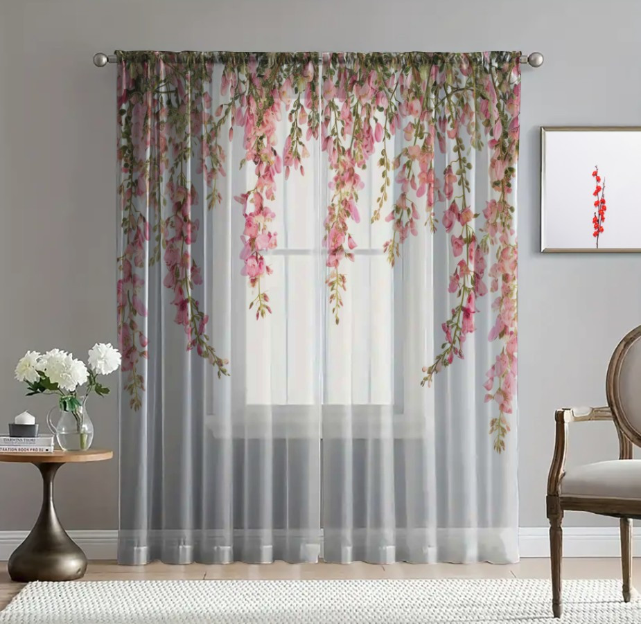 Гардина тюль Ніжні квіти зелені листя каскад 1 принт ВСІ розміри