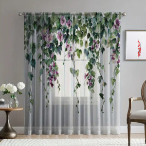 Гардина тюль Ніжні квіти зелені листя каскад 012 принт ВСІ розміри
