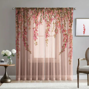 Гардина тюль Ніжні квіти зелені листя каскад принт ВСІ розміри