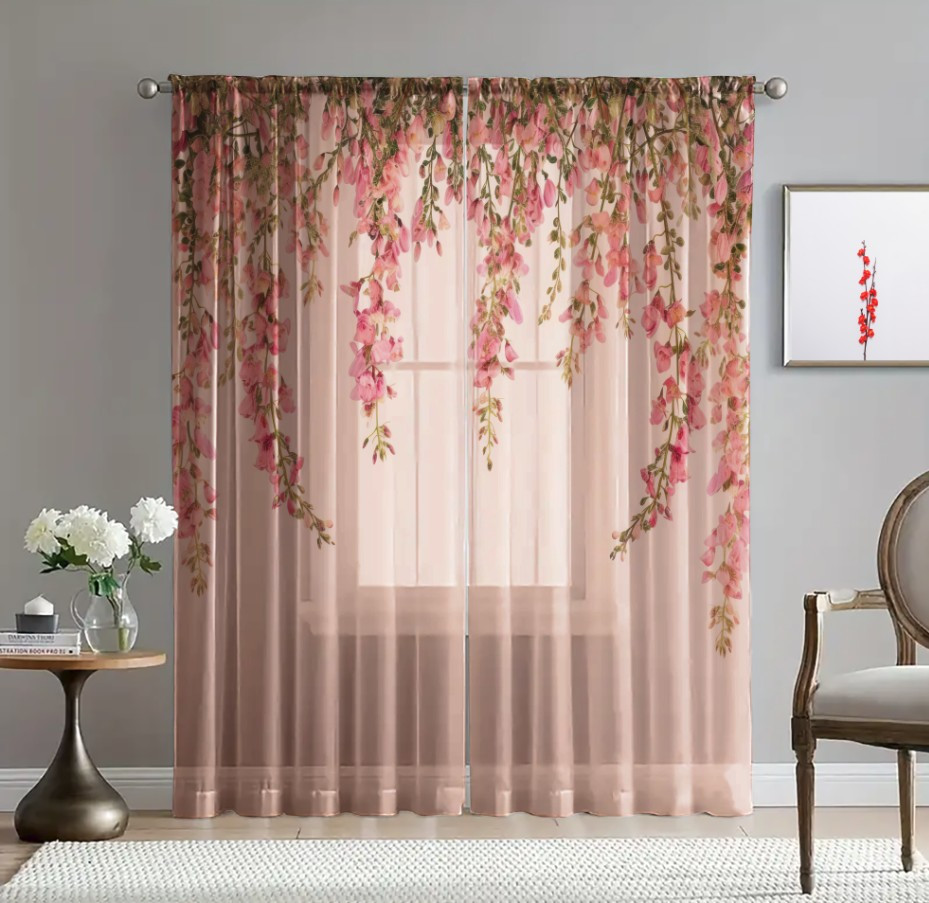 Гардина тюль Ніжні квіти зелені листя каскад принт ВСІ розміри