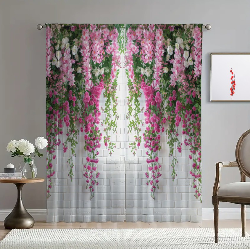 Гардина тюль Малинові квіти бегонії каскад 2 принт ВСІ розміри