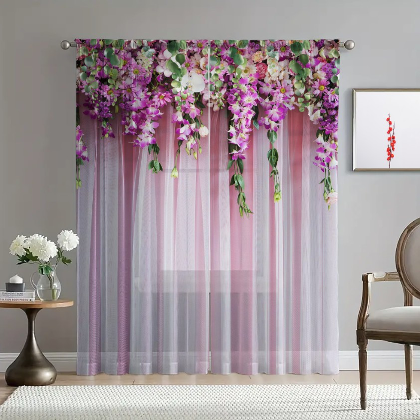 Гардина тюль Малинові квіти бегонії каскад 1 принт ВСІ розміри