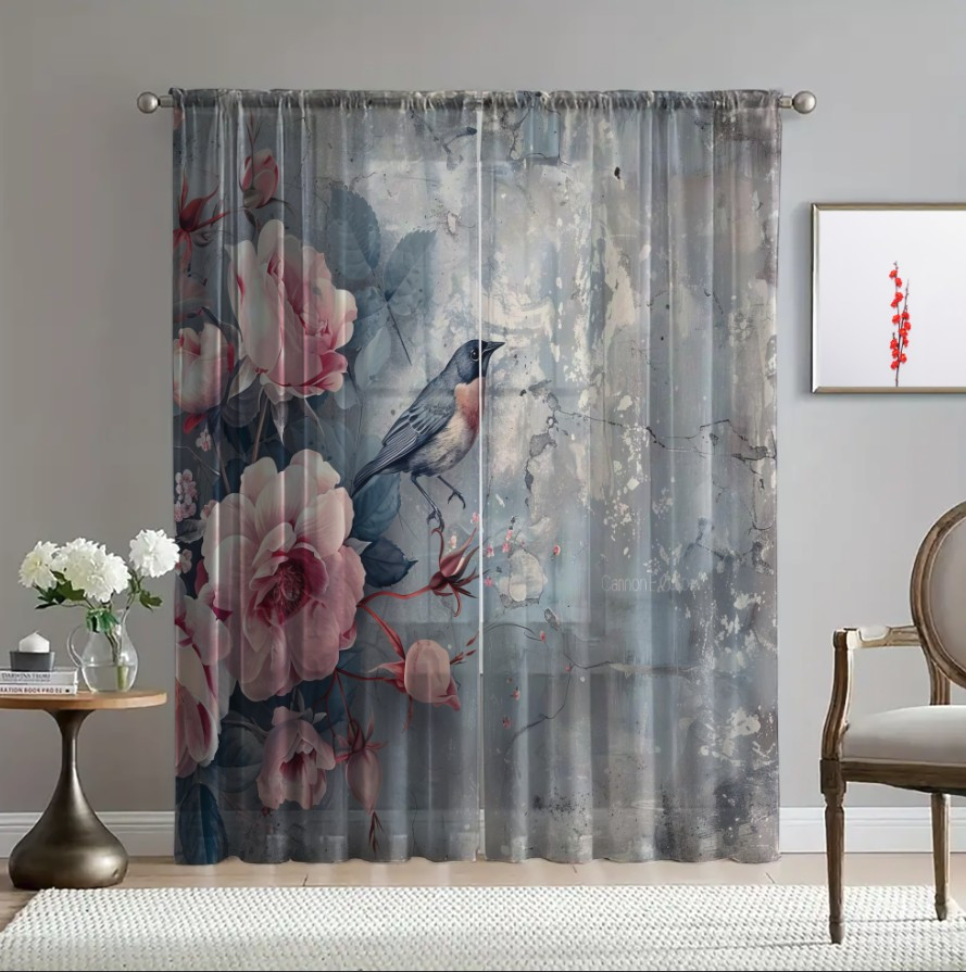 Гардина тюль Квіти рожева троянда птах принт ВСІ розміри