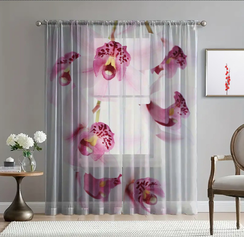 Гардина тюль Квіти рожева орхідея 3 принт ВСІ розміри