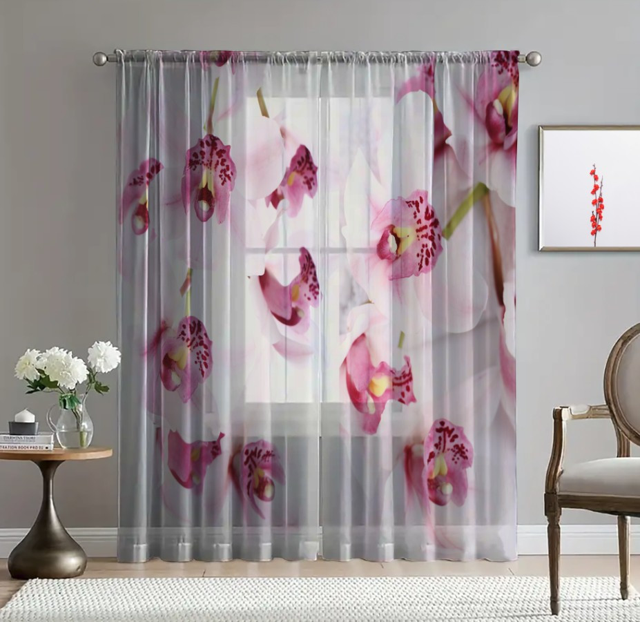Гардина тюль Квіти рожева орхідея 2 принт ВСІ розміри