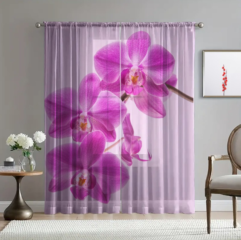 Гардина тюль Квіти рожева орхідея принт ВСІ розміри