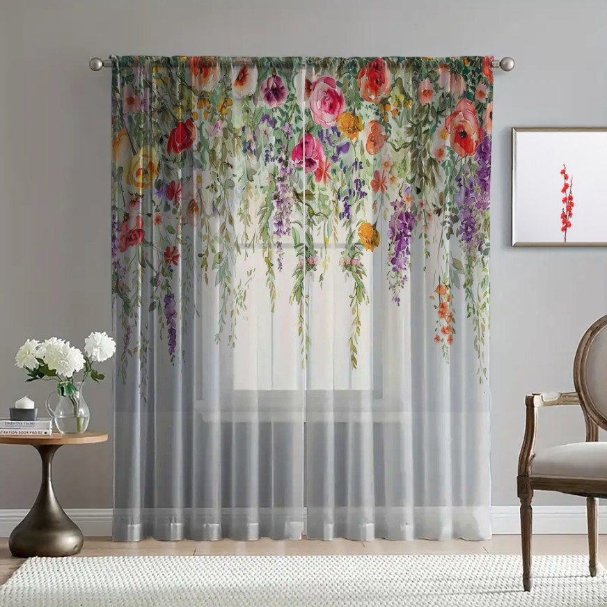 Гардина тюль Квіти зелені листя каскад акварель 1 принт ВСІ розміри