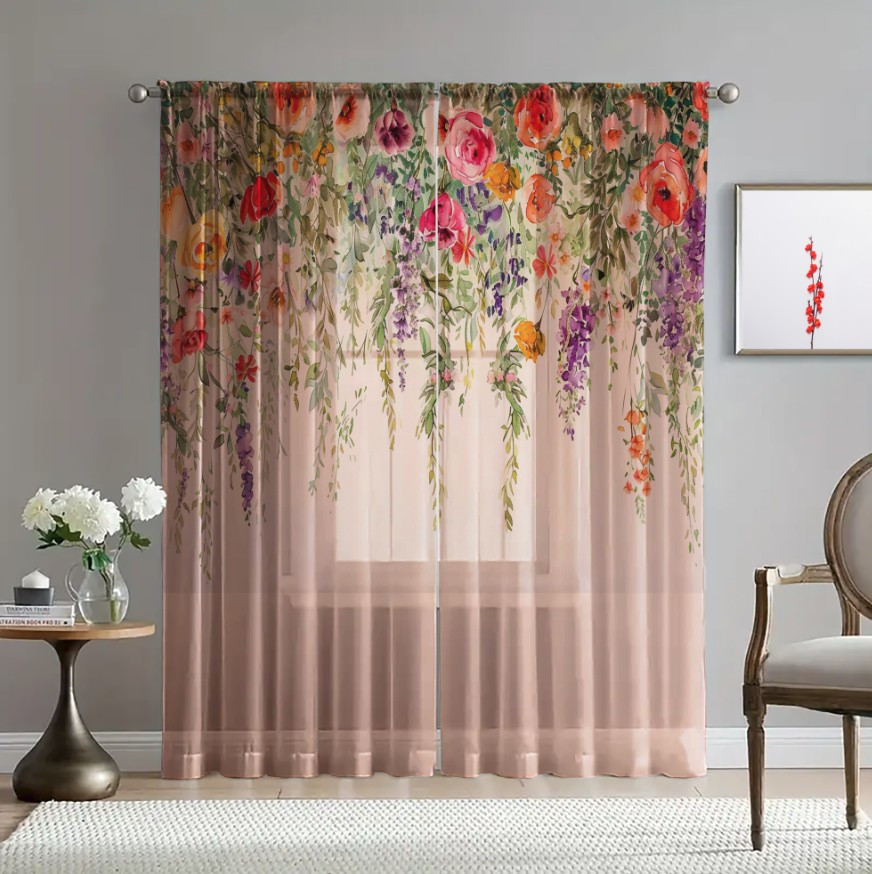 Гардина тюль Квіти зелені листя каскад акварель принт ВСІ розміри