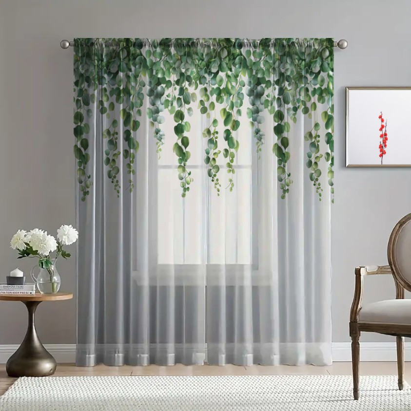 Гардина тюль Квіти зелені листя каскад 1 принт ВСІ розміри