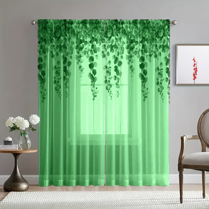 Гардина тюль Квіти зелені листя каскад принт ВСІ розміри